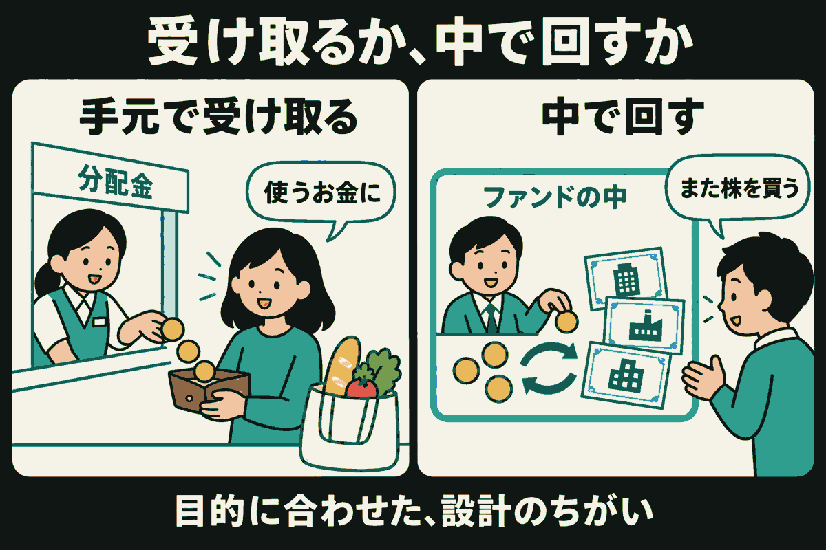 左では買い物袋を持つ女性が分配金の硬貨を財布で受け取り、右では男性がファンド内で硬貨を再び株に換える担当者を見ている。両方を同じ大きさの面と穏やかな表情で描き、目的に合わせた設計の違いを示す。円形の矢印は内部の再投資を示し、将来の成績は示していない。