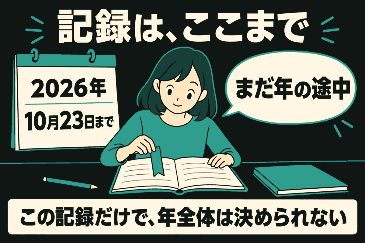女性が開いた記録帳にしおりを挟む。横のカレンダーに2026年10月23日まで、吹き出しに「まだ年の途中」。この記録だけで年全体は決められないと示す。