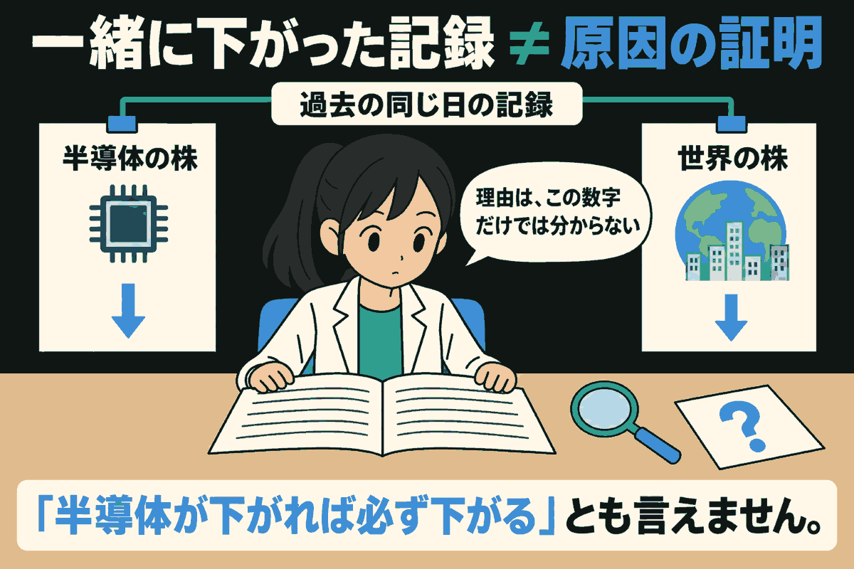 女性の調べ役が開いた記録の本に両手を添える。過去の同じ日の記録として、半導体と世界の株の別々の紙に青い下向きの矢印がある。机には虫眼鏡と疑問符のメモ。「一緒に下がった記録≠原因の証明」「理由は、この数字だけでは分からない」と説明し、半導体が下がれば必ず下がるとも言えないと示す。