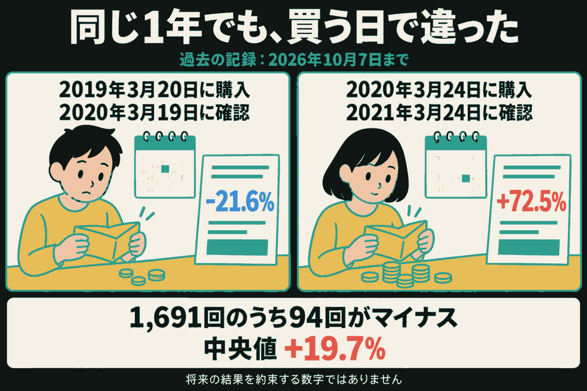 異なる日に購入した2人が、財布と1年後の成績表を見比べる。左は2019年3月20日に購入し2020年3月19日に確認した-21.6%、右は2020年3月24日に購入し2021年3月24日に確認した+72.5%。下部に1,691回のうち94回がマイナス、中央値+19.7%。2026年10月7日までの過去の記録で、将来の結果を約束する数字ではない。硬貨は金額を表さない記号。