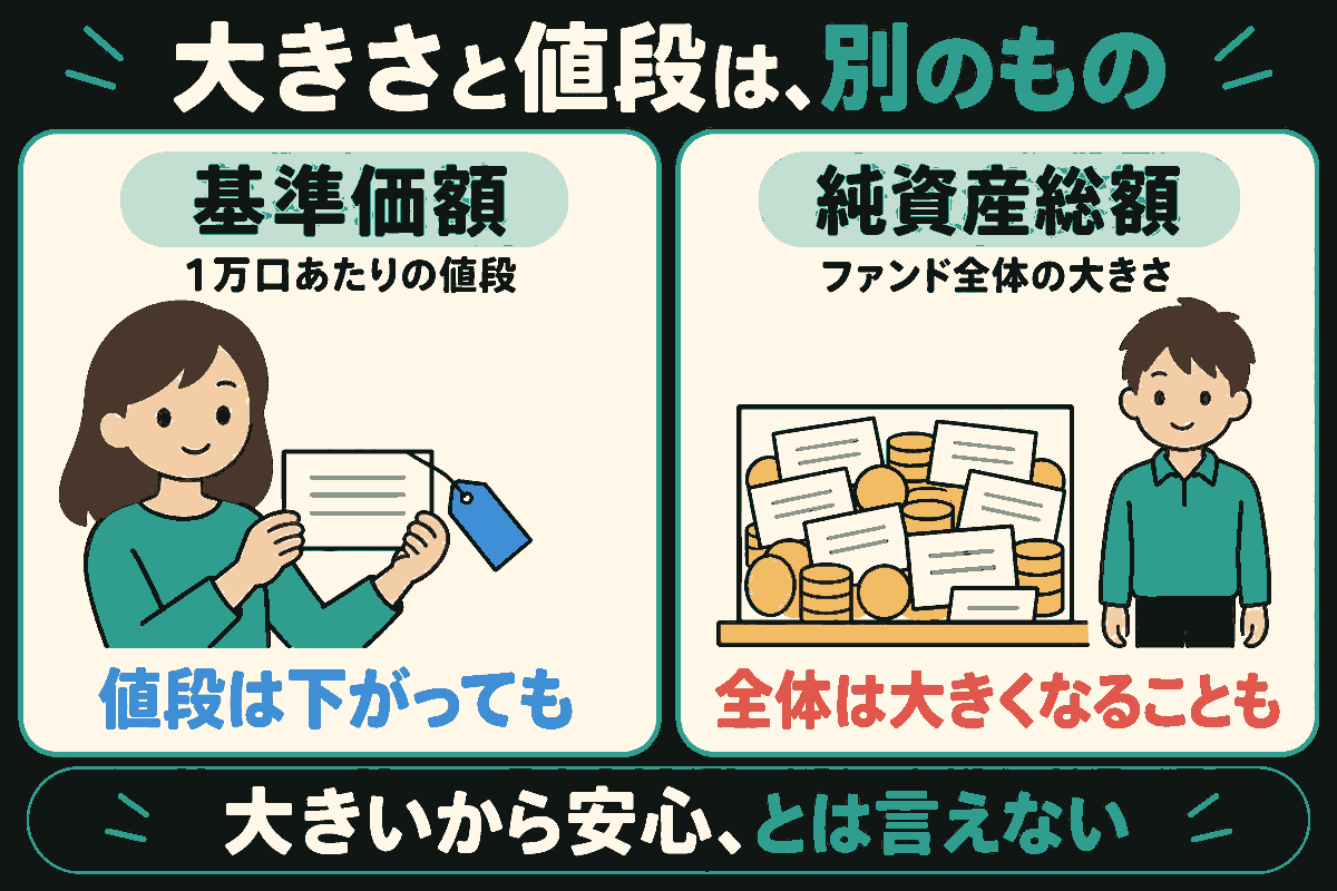 左の女性は青い値札の付いた証書を両手で持ち、基準価額は1万口あたりの値段と示す。右の男性は証書やコインの入った箱の横に立ち、純資産総額はファンド全体の大きさと示す。値段が下がっても全体は大きくなることがあり、大きいから安心とは言えないと説明する。