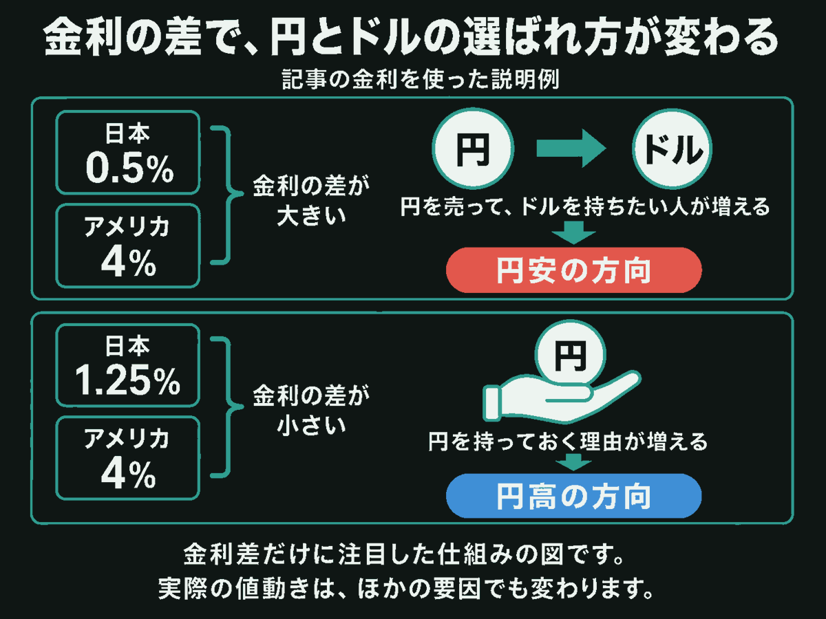 記事の金利を使った比較例。日本0.5%・アメリカ4%では、円を売ってドルを持ちたい人が増え、円安の方向に働く。日本1.25%・アメリカ4%では金利差が小さく、円を持っておく理由が増え、円高の方向に働く。金利差だけに注目した仕組みで、実際の値動きはほかの要因でも変わる。