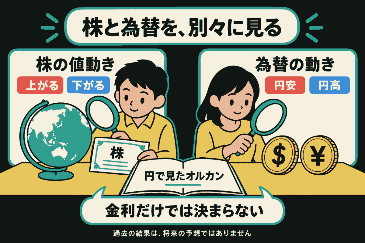 黄色い服の2人が机に向かい、左の人は地球と株の証書を、右の人はドルと円の硬貨を虫眼鏡で調べる。左に「株の値動き」と赤い「上がる」・青い「下がる」、右に「為替の動き」と赤い「円安」・青い「円高」。中央の本には「円で見たオルカン」。見出しは「株と為替を、別々に見る」、吹き出しは「金利だけでは決まらない」。下に「過去の結果は、将来の予想ではありません」。