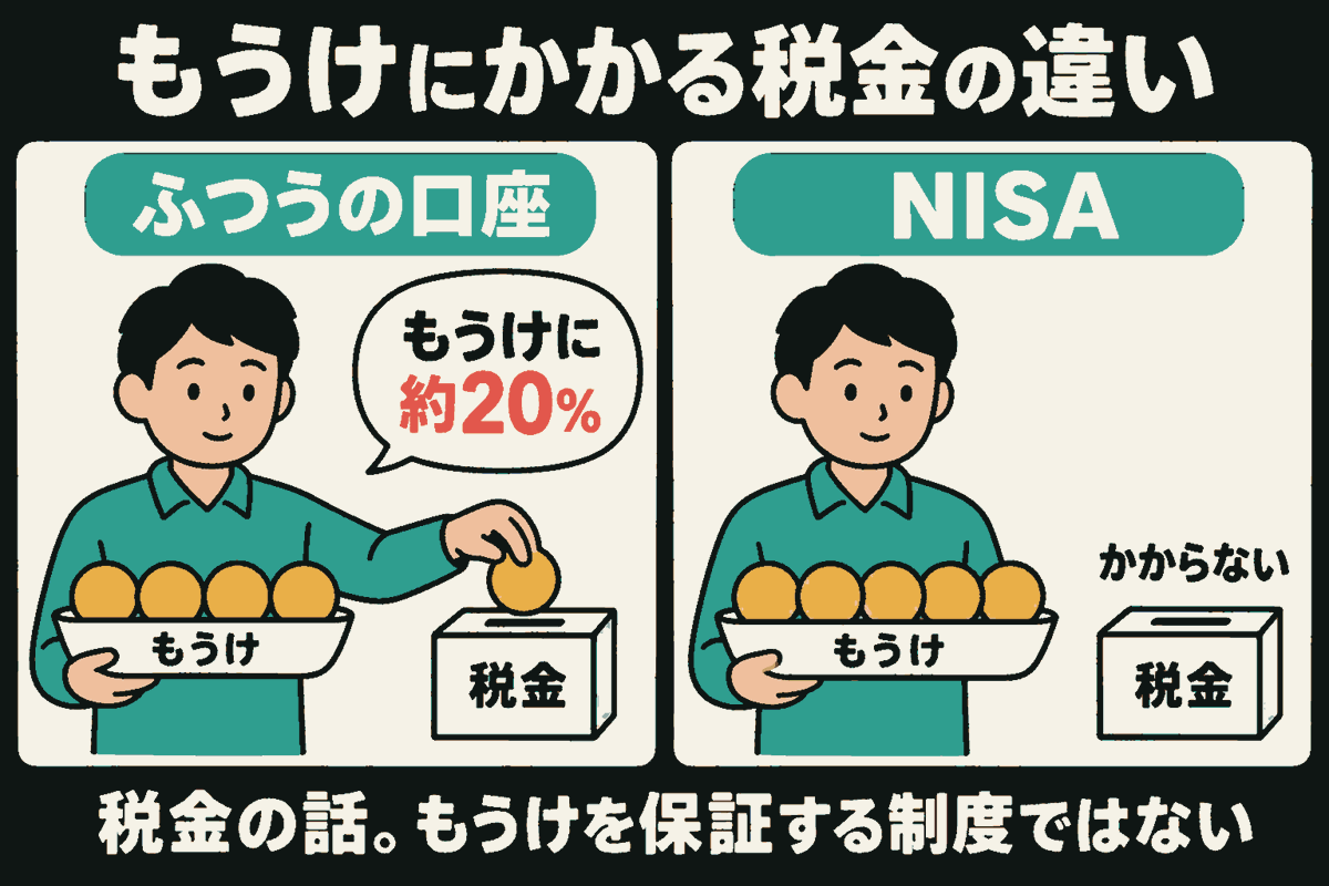 ふつうの口座とNISAを左右で比較。左の人はもうけを表すコイン5枚のうち1枚を税金の箱に分け、手元に4枚を持つ。吹き出しは「もうけに約20%」。右の人は5枚を持ち、税金の箱には「かからない」。下に「税金の話。もうけを保証する制度ではない」。コインは仕組みを表す記号。
