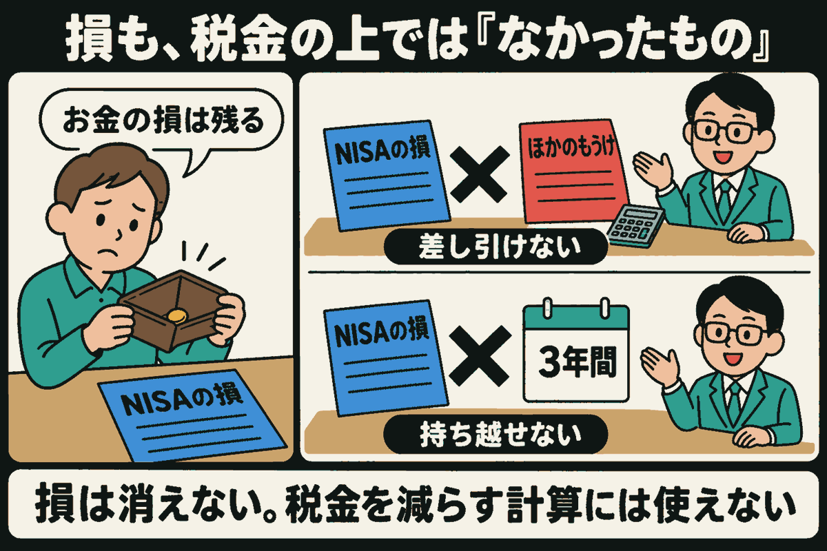 NISAで損をした人が、コインの少ない財布を開き「お金の損は残る」と話す。右では説明役が、青い「NISAの損」の書類を赤い「ほかのもうけ」の書類と差し引けないこと、カレンダーの「3年間」へ持ち越せないことを、それぞれ×印で示す。下に「損は消えない。税金を減らす計算には使えない」。
