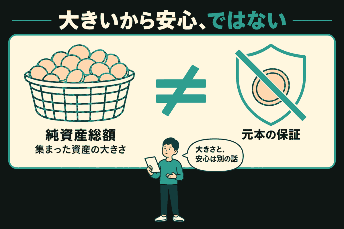 資料を持つ人物が「大きさと、安心は別の話」と説明している。左に資産規模を表すコイン入りのかご、中央に等しくないことを示す記号、右に斜線で打ち消された元本保証の盾。「大きいから安心、ではない」と示す。コインの数は実際の金額を表さない。