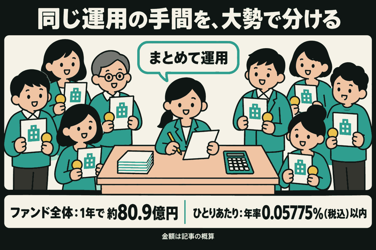 書類と硬貨を持つ8人の投資家が、ひとつの机で書類を確認する運用担当者を囲む。同じ運用の手間を大勢で分ける場面。下にファンド全体は1年で約80.9億円、ひとりあたりは年率0.05775%（税込）以内と表示。金額は記事の概算。