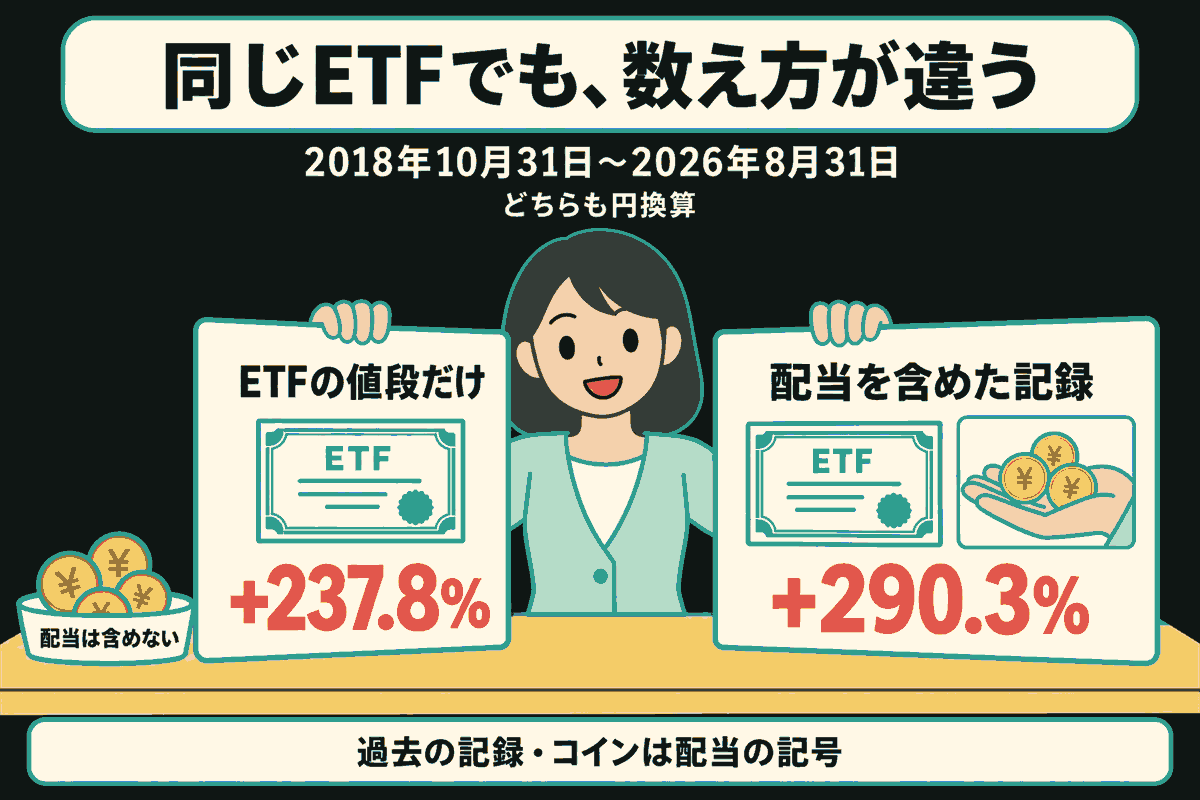 記録係が同じETFの2種類の記録を並べる。2018年10月31日〜2026年8月31日、どちらも円換算。左は「ETFの値段だけ」で+237.8%、配当のコインは記録の外。右は「配当を含めた記録」で+290.3%、株の証書と配当を持つ手が記録の中にある。コインは配当の記号で、金額や受取回数を表さない。