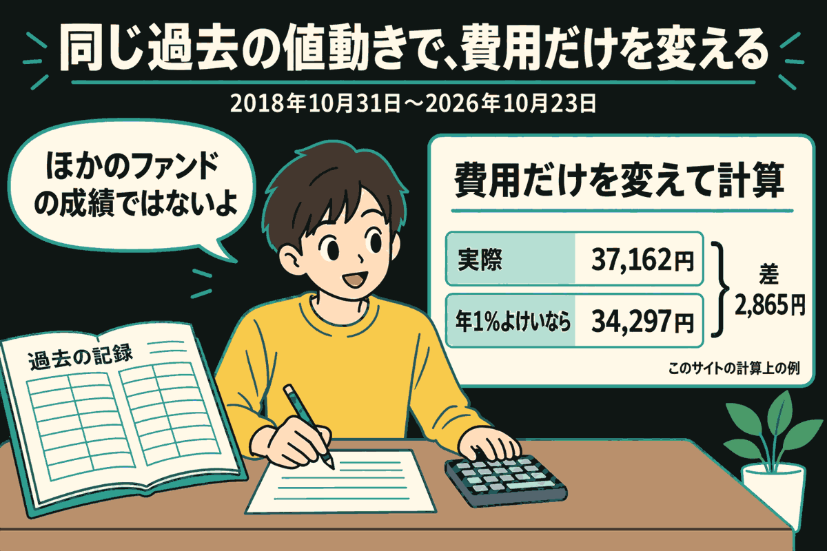 過去の記録を開いた生徒が、鉛筆と電卓で費用だけを変えた計算をしている。対象期間は2018年10月31日〜2026年10月23日。実際の37,162円と、費用が年1%よけいなら34,297円を並べ、差2,865円と示す。吹き出しは「ほかのファンドの成績ではないよ」。このサイトの計算上の例と明記している。