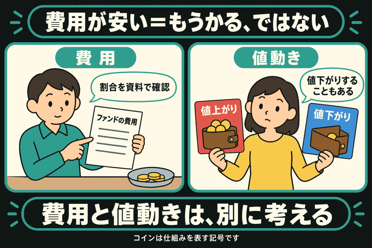 左の人が「ファンドの費用」の書類を指し、割合を資料で確認している。右の人は、コインの多い財布を描いた赤い「値上がり」のカードと、コインの少ない財布を描いた青い「値下がり」のカードを持ち、「値下がりすることもある」と話す。「費用が安い＝もうかる、ではない」「費用と値動きは、別に考える」と示す。コインは仕組みを表す記号。