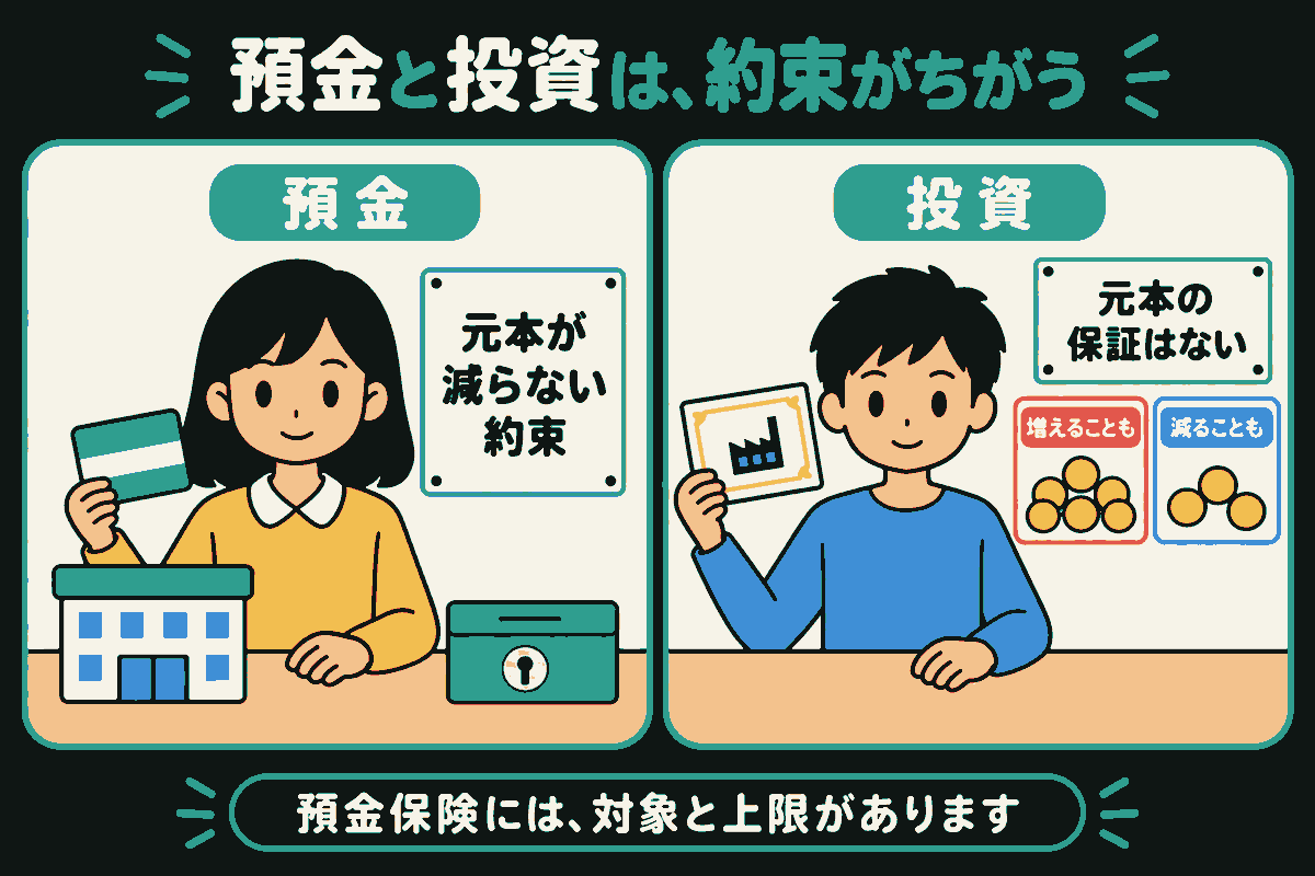 預金と投資を同じ大きさの面で比較。左の女の子は通帳を持ち、銀行とお金の箱の横に「元本が減らない約束」。右の男の子は株の証書を持ち、「元本の保証はない」と、赤の「増えることも」、青の「減ることも」をコインで示す。2人とも穏やかな表情。下に「預金保険には、対象と上限があります」。