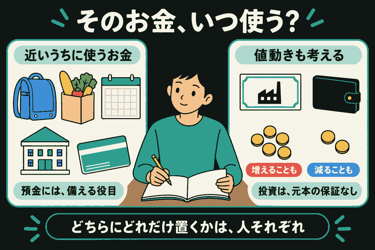「そのお金、いつ使う？」と、若い人が机でノートと鉛筆を持ち考えている。左は通学かばん、食料品、カレンダー、銀行、通帳で、近いうちに使うお金と「預金には、備える役目」を示す。右は株の証書、財布、大小2組のコインで、増えることも減ることもあることと「投資は、元本の保証なし」を示す。左右は同じ大きさ。下に「どちらにどれだけ置くかは、人それぞれ」。