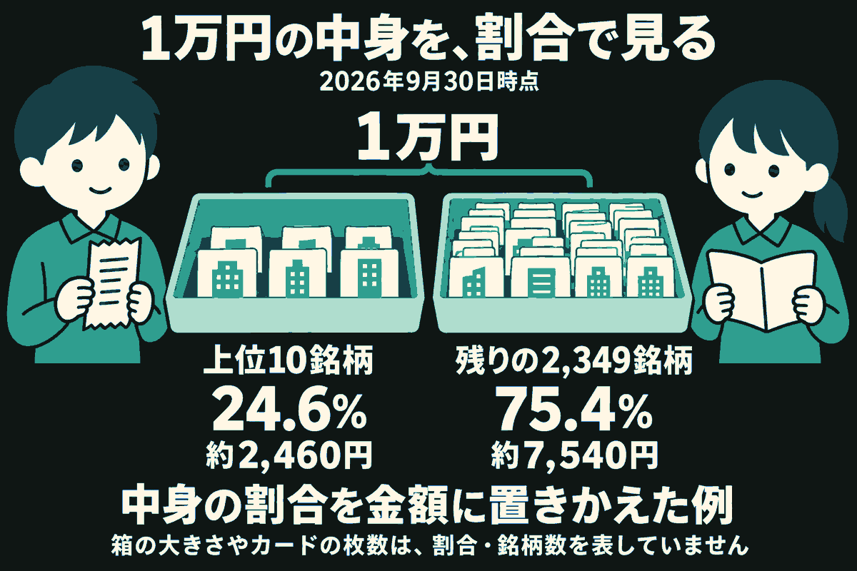 注文の控えを持つ生徒と本を開く生徒が、会社の建物を描いた株のカードを二つの箱に分けた例を見る。2026年9月30日時点の1万円の中身は、上位10銘柄が24.6%で約2,460円、残りの2,349銘柄が75.4%で約7,540円。箱の大きさやカードの枚数は割合や銘柄数を表さない。