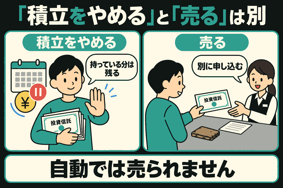 左の人はカレンダーの一時停止印のそばで手を上げ、持っている投資信託の証書を抱えて「持っている分は残る」と話す。右の人は販売会社の係に証書を差し出し、「別に申し込む」と示す。積立をやめても自動では売られないことを表した解説イラスト。