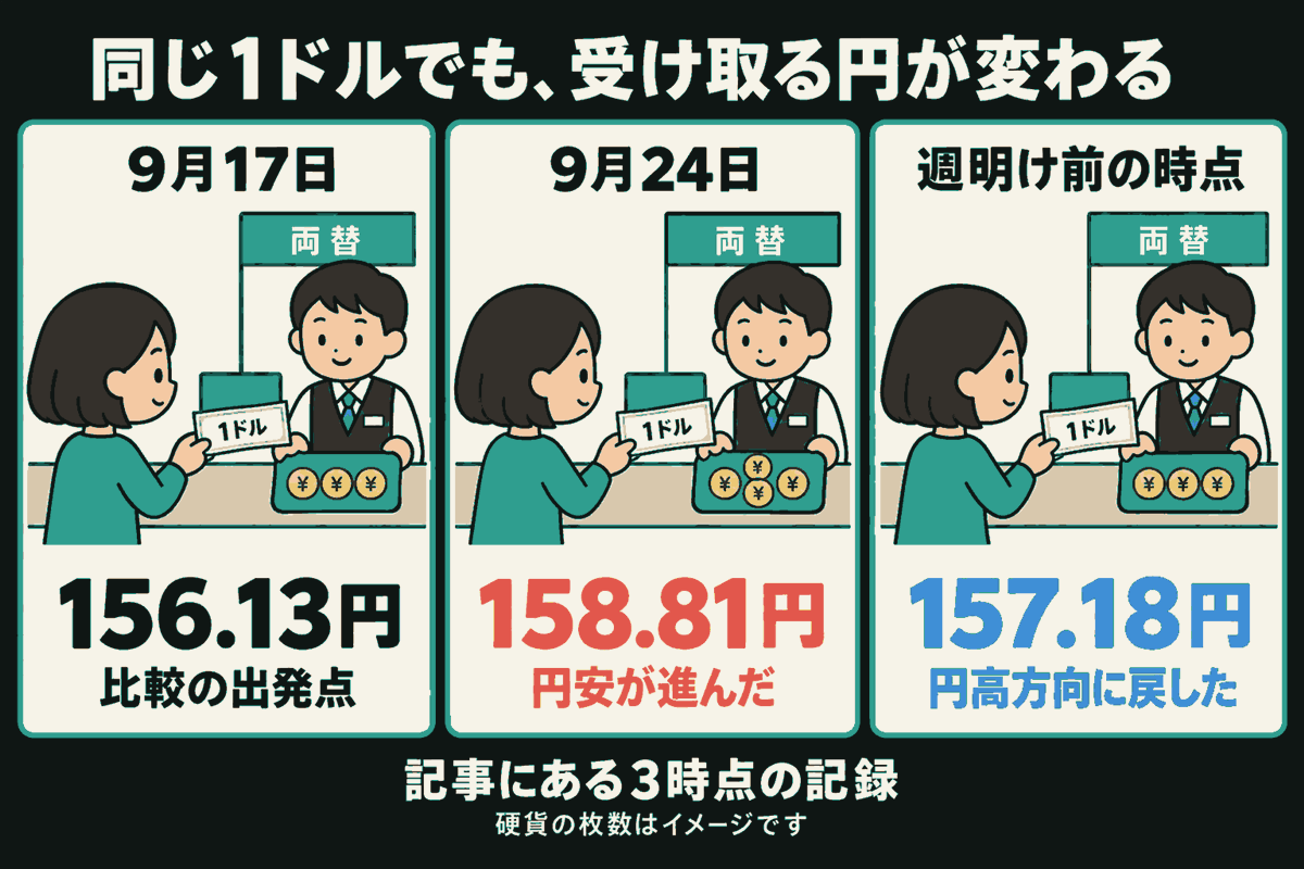 同じ人が両替窓口で1ドルを渡し、係の人から円を受け取る3場面。9月17日は156.13円、9月24日は158.81円で円安、週明け前の時点は157.18円で円高方向に戻した。円安は赤、戻りは青で表示。硬貨の枚数は金額を厳密に表すものではなくイメージ。