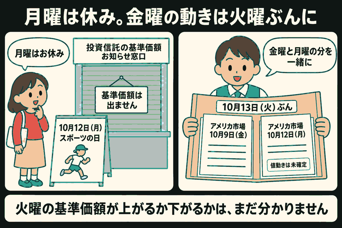 左では読者が閉まった基準価額のお知らせ窓口に立つ。カレンダーは10月12日（月）、スポーツの日で、看板は「基準価額は出ません」。右では係の人が10月13日（火）ぶんのファイルを持ち、その中にアメリカ市場の10月9日（金）と10月12日（月）の書類を並べる。月曜の値動きは未確定。火曜の基準価額が上がるか下がるかは、まだ分からないと説明する。