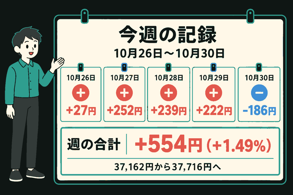 記録係が5枚の日付カードを示す。10月26日から順に、+27円、+252円、+239円、+222円、-186円。上昇は赤、下落は青。下の集計欄に、週の合計+554円（+1.49%）、37,162円から37,716円へと書かれている。