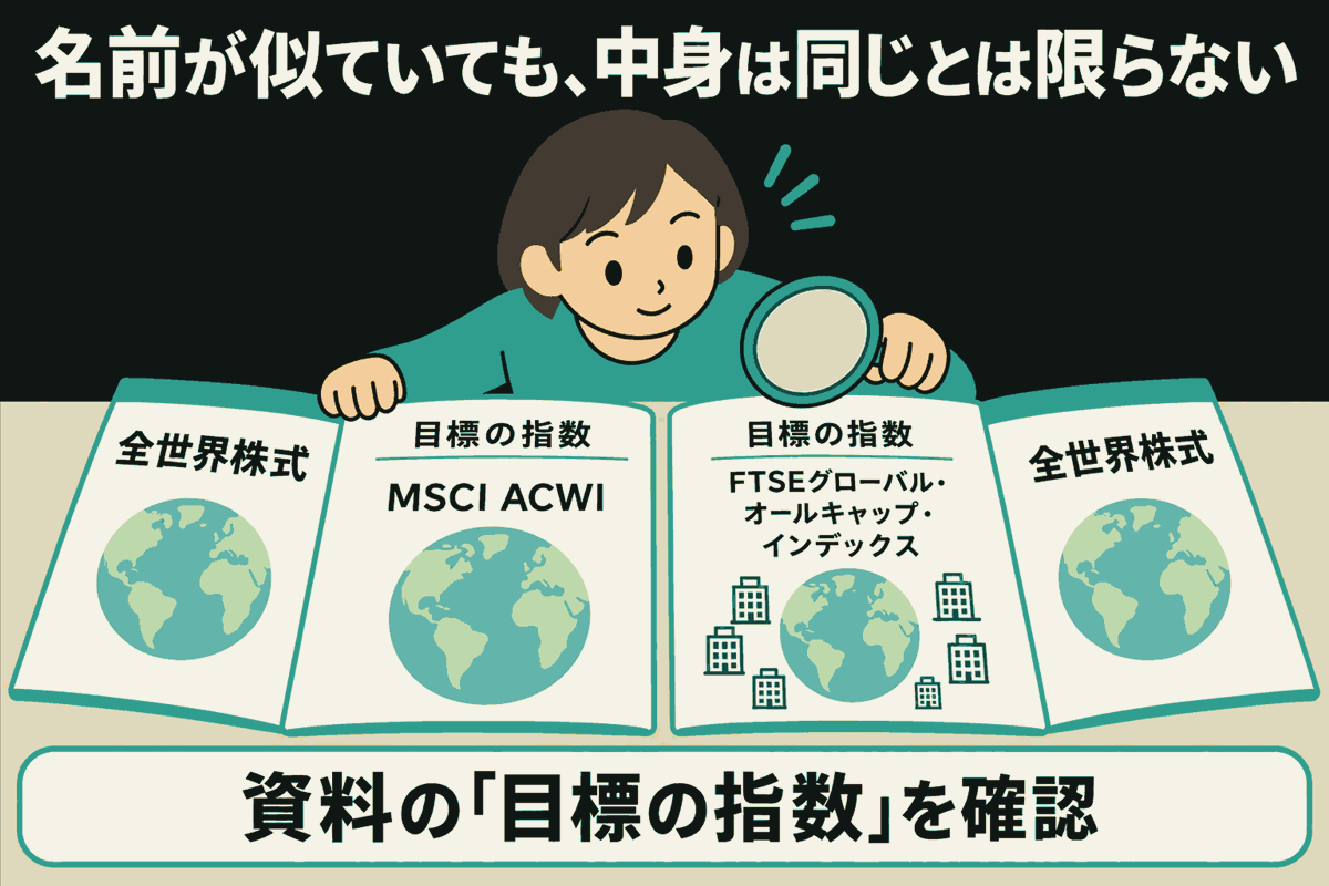 読者が2冊の「全世界株式」の資料を開き、虫眼鏡で「目標の指数」を確認する。左の資料はMSCI ACWI、右はFTSEグローバル・オールキャップ・インデックスと書かれ、地球や会社の建物が描かれる。「名前が似ていても、中身は同じとは限らない」「資料の目標の指数を確認」と説明。