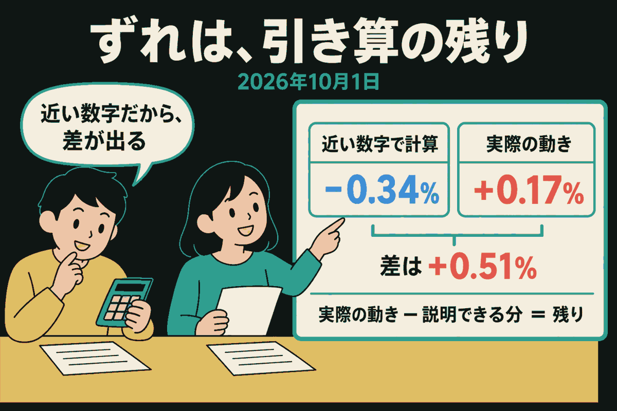 黄色い服の人が電卓を持ち、説明役が計算結果と実際の動きを見比べる。2026年10月1日の、近い数字で計算した-0.34%を青、実際の+0.17%を赤で表示し、差の+0.51%を赤で示す。「実際の動き − 説明できる分 ＝ 残り」と説明している。