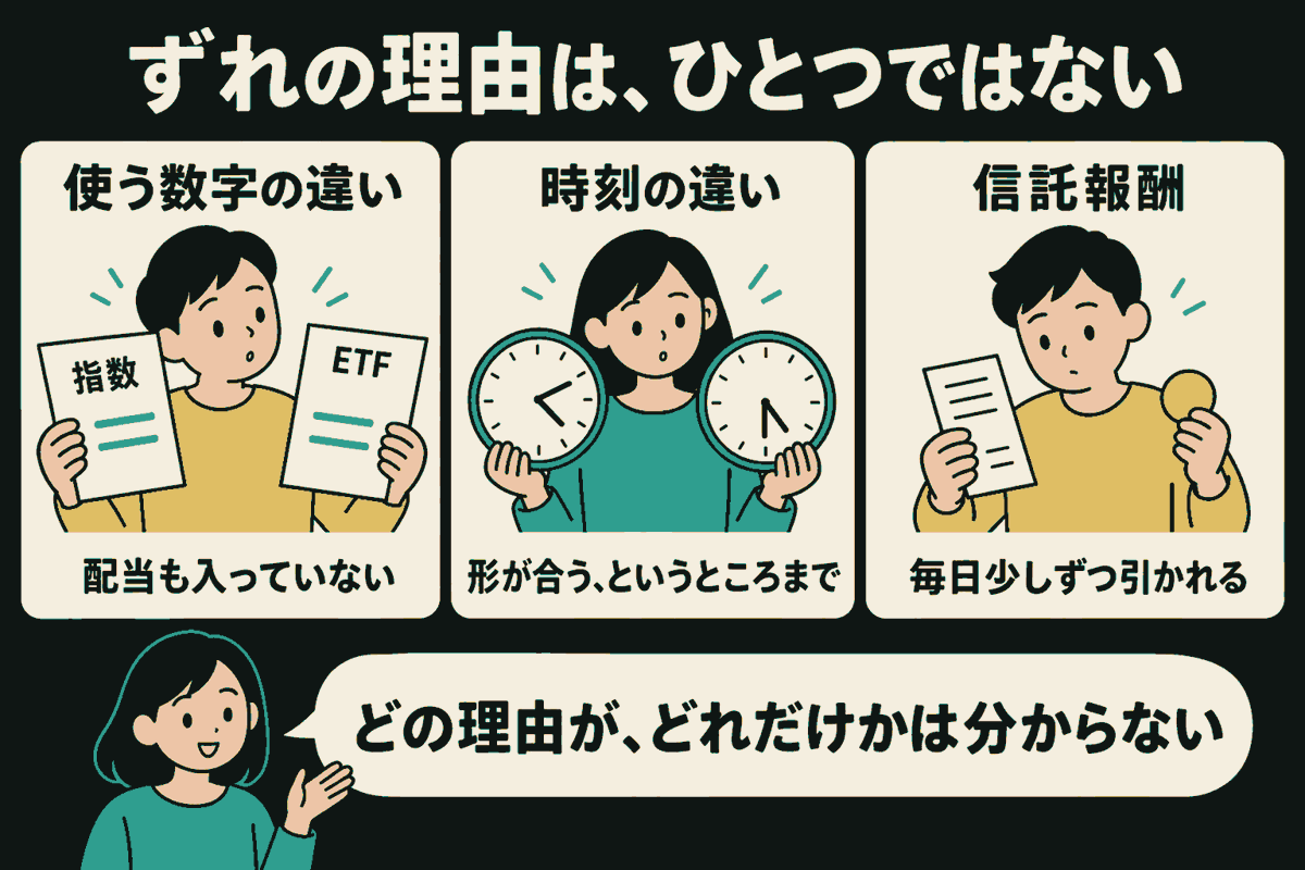 同じ大きさの3つの枠で、人が指数とETFの書類を見比べ、別の人が異なる時刻の時計を持ち、もう1人が信託報酬の明細とコインを確認している。使う数字の違い、時刻の違い、信託報酬を並べ、時刻については「形が合う、というところまで」と記す。下の説明役は「どの理由が、どれだけかは分からない」と話す。